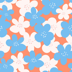 Seamless vector floral pattern with hand drawn blue and white flowers on a coral background. Playful, modern, and colorful design for fabric, wrapping, and decor