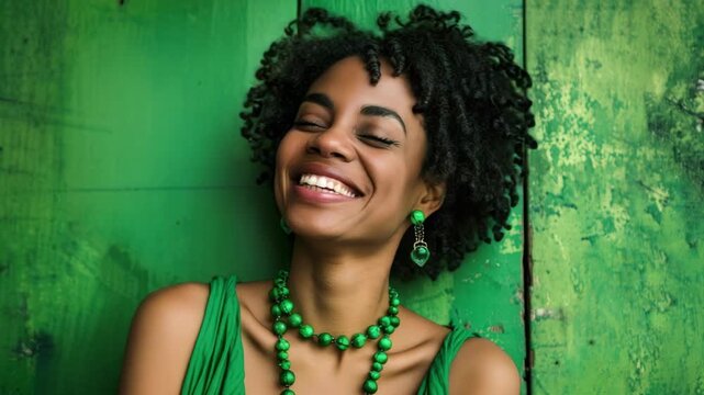 Joyful smiling woman with green accessories against a textured green wooden background, reflecting a festive spirit.