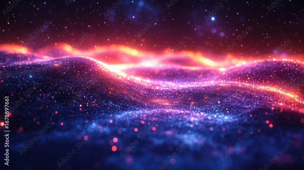 Aufkleber Abstract Waves of Glowing Particles in Space abstract particles waves space light digital futuristic cosmic glow glitter bokeh energy dynamic fluid motion background backdrop technology science purple