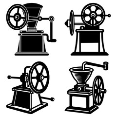 Collection of four vintage coffee grinders with wheels and crank handles in black and white style