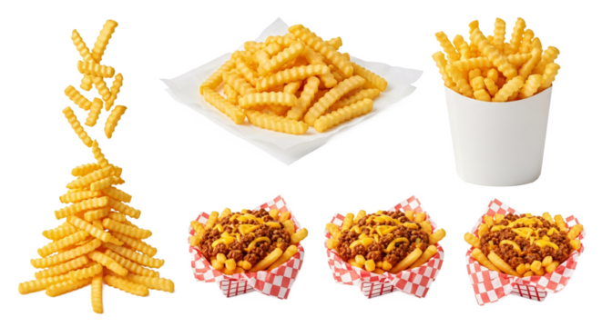 Delicious golden french fries arranged in a festive christmas tree shape with a cup and a square serving of fries and three mini burgers isolated on transparent background
