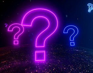 Neon question marks in a starry space background