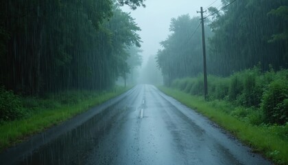 Countryside road nearly invisible in heavy downpour. Intense rain falls on wet asphalt. Dense forest borders wet road creating moody atmosphere. Ominous overcast sky.