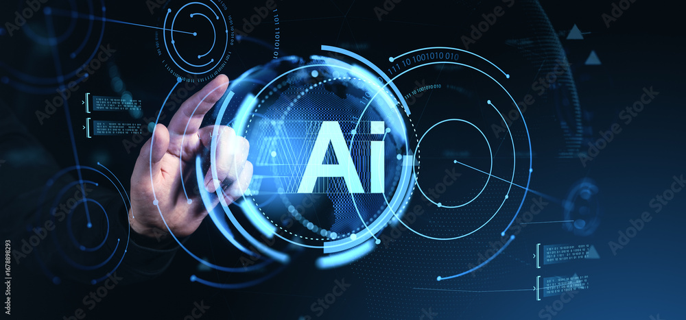 Aufkleber futuristic user interface with hand interacting with ai hologram in digital blue environment, showca