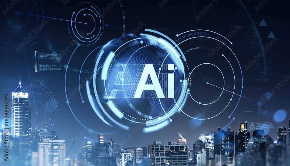 Aufkleber futuristic ai interface concept with digital elements over a city skyline at night showing data visu