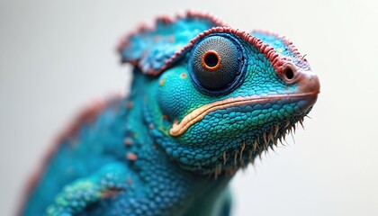 Obraz premium Macro photography captures vibrant blue chameleon in studio setting. Detailed illustration highlights reptile textured scales, large eye, unique facial features. Exotic creature displays amazing,