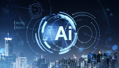 Futuristic AI interface concept with digital elements over a city skyline at night showing data...