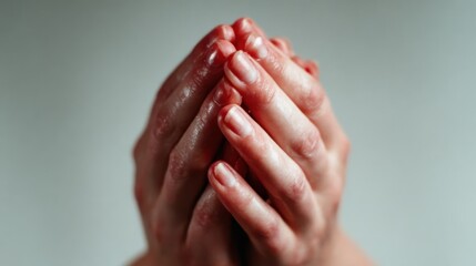 Fototapeta premium A close-up of two hands pressed together in a prayer gesture, symbolizing reflection, spirituality, and human connection, evoking feelings of calmness and gratitude.