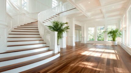 Stunning interior of a bright, expansive home featuring a grand staircase, showcasing elegance, style, and architectural beauty in a serene environment.
