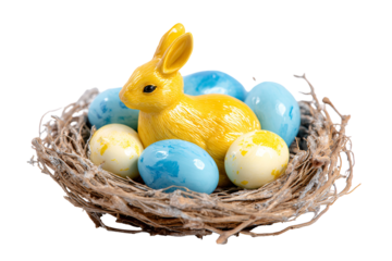 Yellow easter bunny and blue eggs in a nest isolated on transparent background
