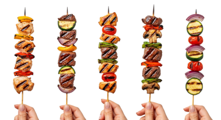 Five delicious grilled meat and vegetable skewers held by hands isolated on a transparent background showcasing a variety of colorful ingredients isolated on transparent background