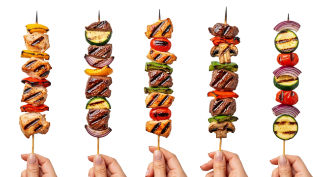 Five delicious grilled meat and vegetable skewers held by hands isolated on a transparent background showcasing a variety of colorful ingredients isolated on transparent background - Powered by Adobe