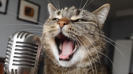 Tabby cat yawning into a vintage chrome microphone indoors. Illustrates humor, performance, and pets like singer.