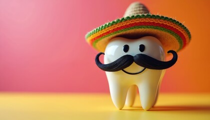 Smiling tooth character wearing sombrero and mustache on vibrant pink and orange background. Festive Mexican cultural celebration design, representing dental health and joyful expression.