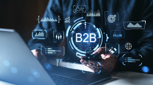 B2B technology interface with digital marketing and data analytics icons surrounding businessman using smartphone and laptop in business concept.