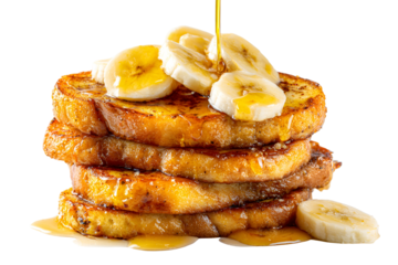Stack of golden brown french toast with sliced bananas and syrup isolated on transparent background