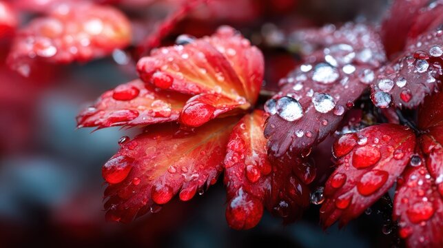 This stunning close-up features red leaves adorned with glistening water droplets, highlighting their vivid colors and intricate textures in a beautiful nature setting.