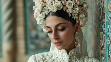 A young Middle Eastern woman in a floral crown and ornate wedding attire, conveying elegance and grace in a richly decorated setting.
