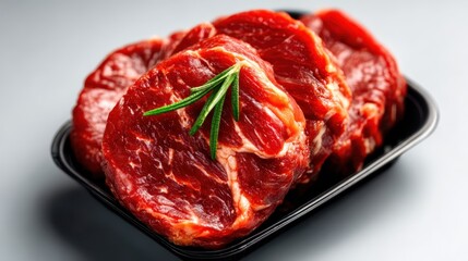 A close-up photo of four raw beef steaks, beautifully arranged with a sprig of rosemary, showcasing freshness and ready for a delicious culinary experience.