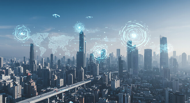 Futuristic cityscape with glowing network holograms representing global business and communication technology