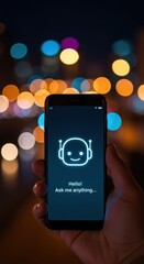 Smartphone screen with AI chatbot greeting message Hello Ask me anything