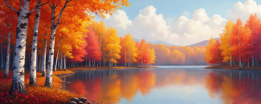 Impressionist oil painting captures vibrant autumn forest with colorful aspen trees lining golden lake. Sunlight reflects on water, fall foliage in red, yellow, orange hues. Nature artwork serene,
