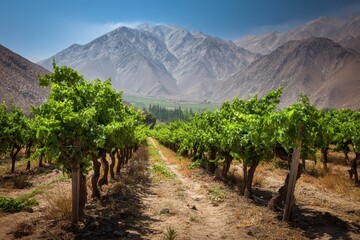 Naklejka premium Chile Vineyard. Beautiful Spring Vineyard in Elqui Valley of Andes, Agriculture Industry in Latin America