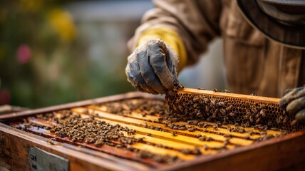 Bee keeper inspects honeycomb frames during a sunny day on a farm using sustainable farming practices