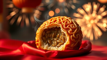 Steaming mooncake with golden crust on crimson silk, reflecting festive fireworks for China National Day.