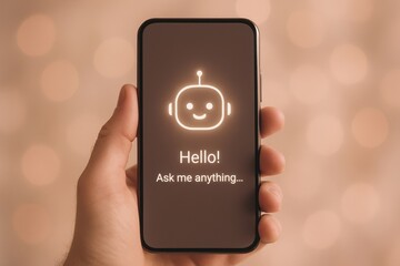 Smartphone screen with AI chatbot greeting message Hello Ask me anything