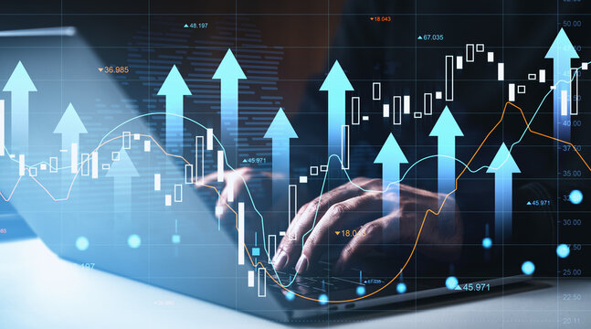 Business growth concept with hands typing on keyboard overlaid by financial graphs, candlestick chart, and upward arrows on digital interface background.