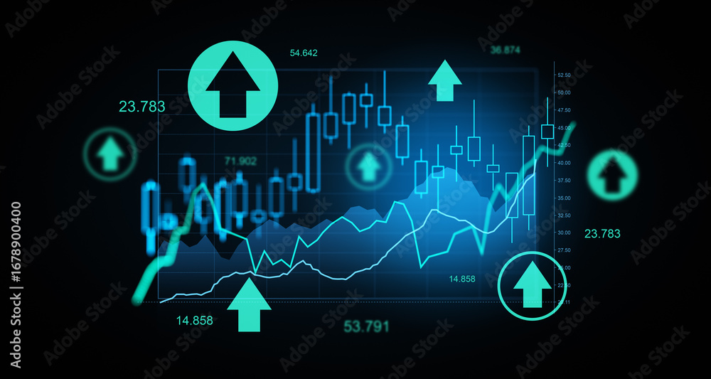 Poster abstract financial chart with glowing arrows and candlestick graph illustrating market rise and stoc