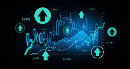 Abstract financial chart with glowing arrows and candlestick graph illustrating market rise and stock growth on futuristic digital interface background. 3D Rendering