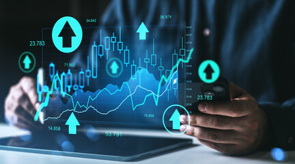 Businessman using smartphone with glowing financial graph and candlestick chart showing upward trend concept on digital screen in futuristic style..