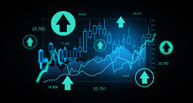Abstract financial chart with glowing arrows and candlestick graph illustrating market rise and stock growth on futuristic digital interface background. 3D Rendering - Powered by Adobe