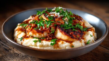 A gourmet plate featuring perfectly seared scallops on a bed of creamy grits, garnished with fresh herbs and a drizzle of rich sauce, promising a delectable culinary experience.