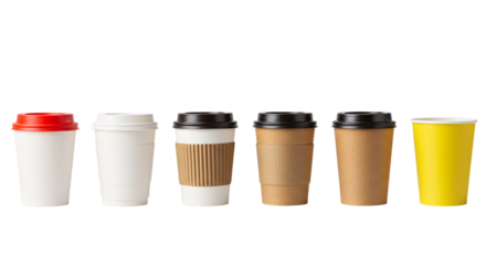 A collection of six disposable paper and plastic coffee cups with lids in various colors and styles arranged in a row isolated on transparent background