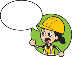 Surprised cartoon construction worker girl with a hard hat and vest, speech bubble for custom text.