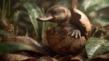 Fototapeta premium A newborn platypus hatching from an egg amidst lush foliage, showcasing its unique beak and furry body.