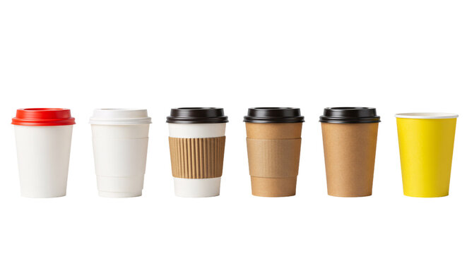 A collection of six disposable paper and plastic coffee cups with lids in various colors and styles arranged in a row isolated on transparent background