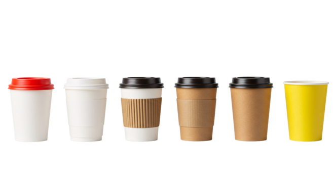 A collection of six disposable paper and plastic coffee cups with lids in various colors and styles arranged in a row isolated on transparent background