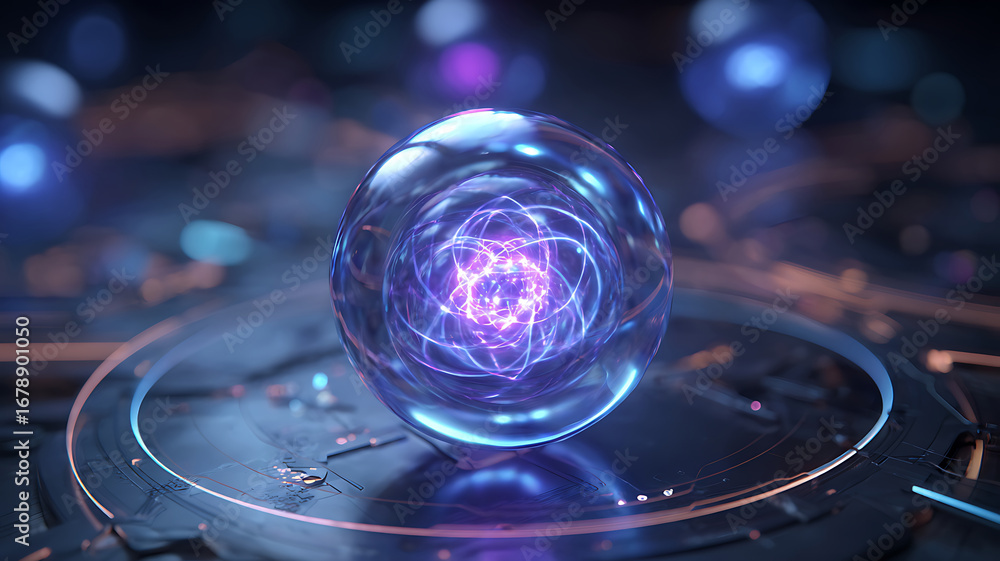 Poster abstract glowing orb with swirling light strands resting on a metallic platform.