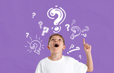 Curious boy pointing up surrounded by hand-drawn question marks