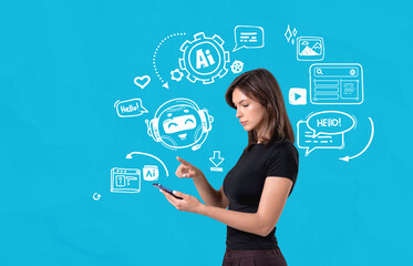 Woman using smartphone with chatbot and AI concept illustrations