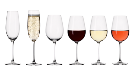 A collection of six diverse champagne flutes and wine glasses showcasing various beverages and empty glassware isolated on transparent background