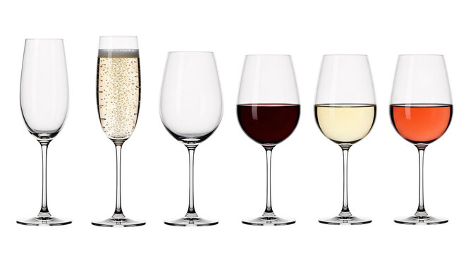 A collection of six diverse champagne flutes and wine glasses showcasing various beverages and empty glassware isolated on transparent background