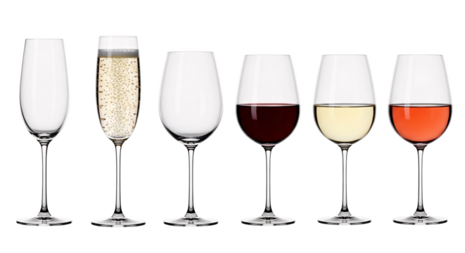 A collection of six diverse champagne flutes and wine glasses showcasing various beverages and empty glassware isolated on transparent background