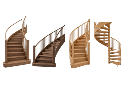 Four different wooden spiral staircases with metal railings shown from various angles isolated on transparent background