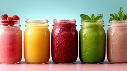 A visually appealing array of colorful fruit smoothies displayed in jars, showcasing vibrant textures, flavors, and health benefits, inviting viewers to experience the essence of freshness.