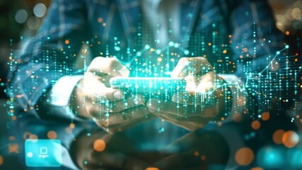 "Businessman using smartphone with digital data flow", "Concept of mobile technology and data communication", "Futuristic interface of global data on mobile device"
- Powered by Adobe